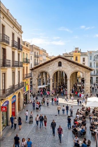 Calles peatonales, comercios y entorno de la plaza de La Porxada en Granollers
